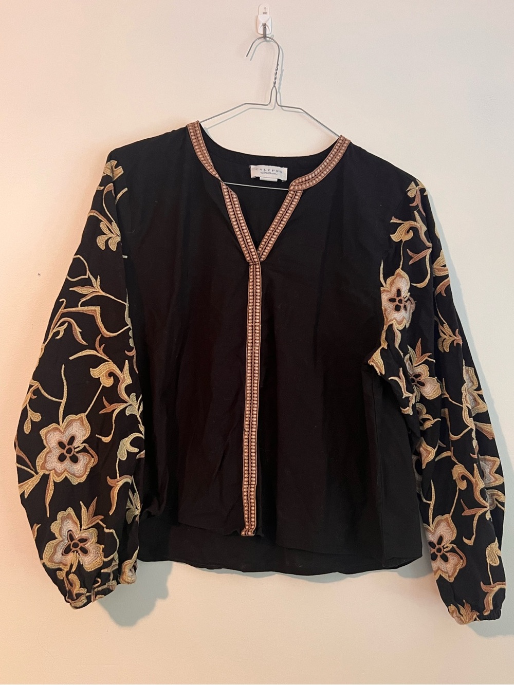 Calypso St. Barth Black Embroidered Bishop Sleeve Top